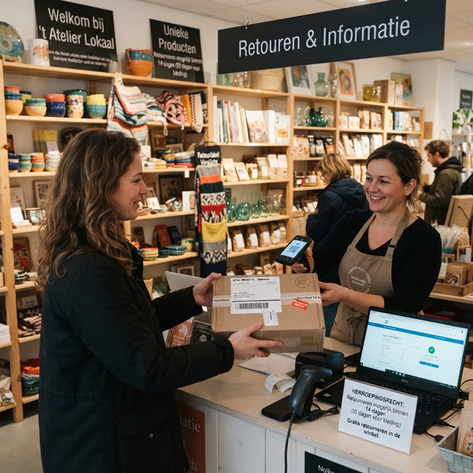 Klant bij de retouren- en informatiebalie van een winkel